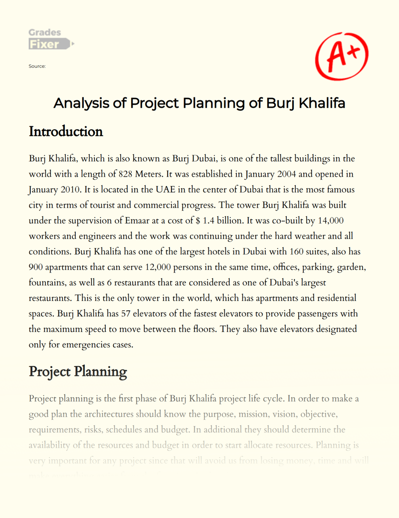 Analysis of Project Planning of Burj Khalifa Essay
