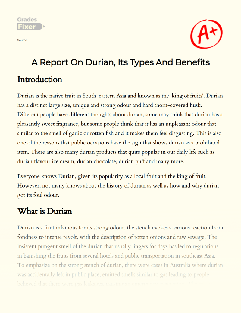 A Report on Durian, Its Types and Benefits Essay