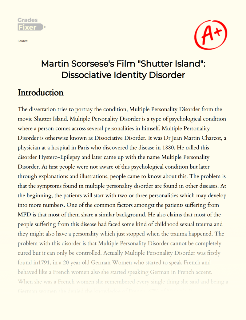 Shutter Island': Psychology and Dissociative Identity Disorder Essay