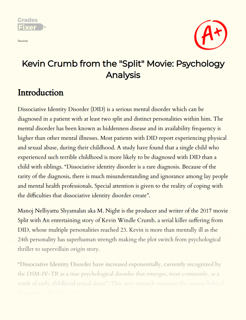 Kevin Crumb from The "Split" Movie: Psychology Analysis Essay