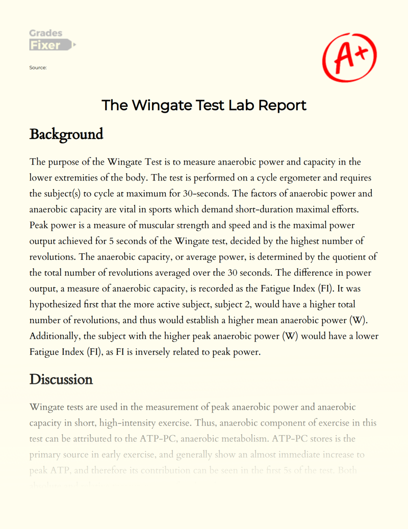 The Wingate Test Lab Report Essay