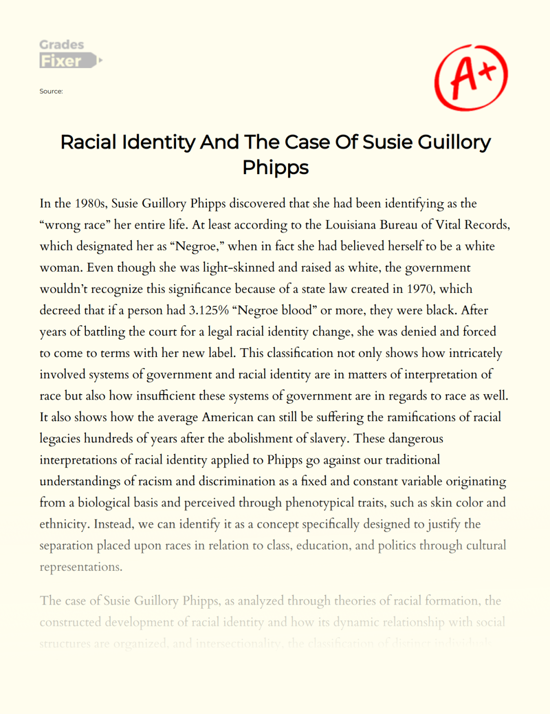 Racial Identity and The Case of Susie Guillory Phipps Essay