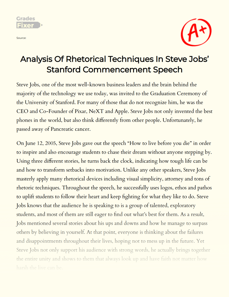 Analysis of Rhetorical Techniques in Steve Jobs’ Stanford Commencement Speech Essay
