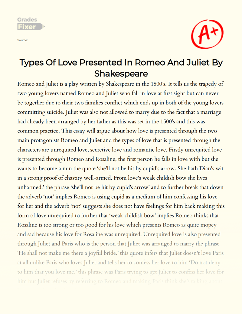 Types of Love Presented in Romeo and Juliet by Shakespeare Essay