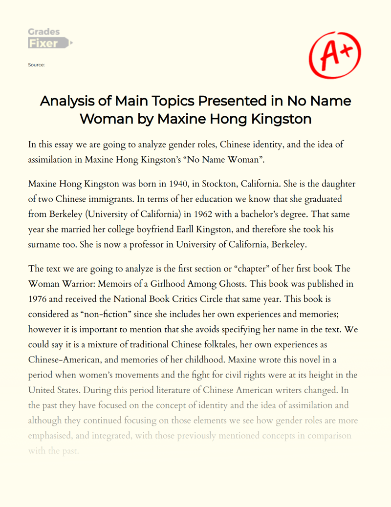 Analysis of Main Topics Presented in No Name Woman by Maxine Hong Kingston Essay
