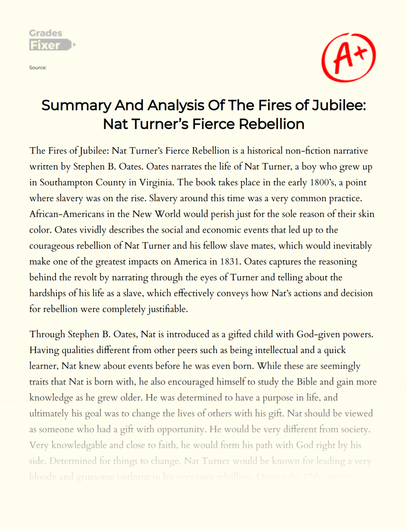 Summary and Analysis of The Fires of Jubilee: Nat Turner’s Fierce Rebellion Essay