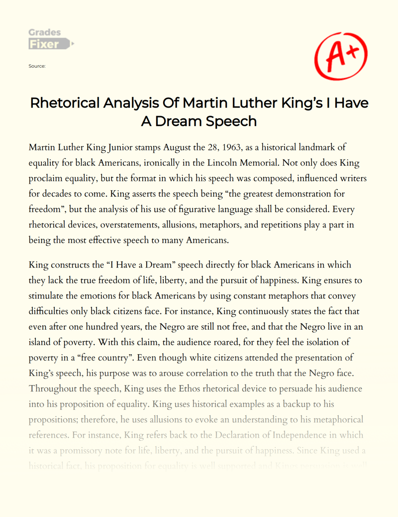 Rhetorical Analysis of Martin Luther King’s I Have a Dream Speech Essay