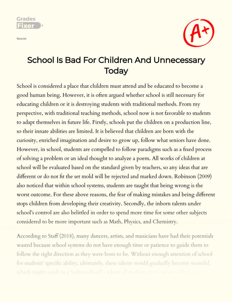School is Bad  for Children and Unnecessary Today Essay