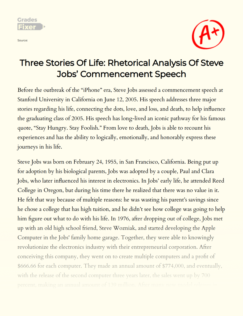 Three Stories of Life: Rhetorical Analysis of Steve Jobs’ Commencement Speech Essay