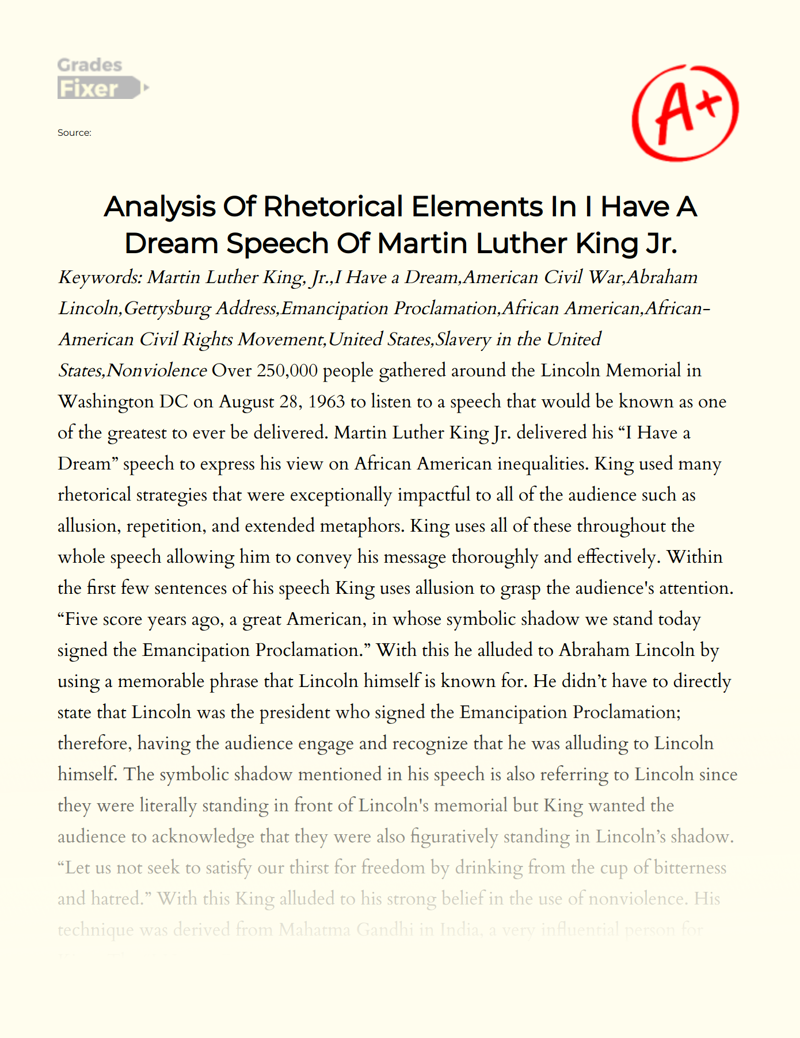 Analysis of Rhetorical Elements in I Have a Dream Speech of Martin Luther King Jr. Essay