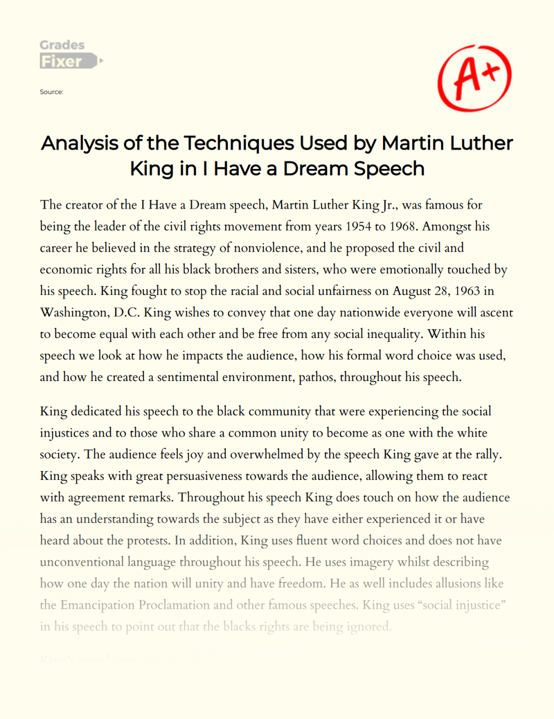 Analysis of The Techniques Used by Martin Luther King in I Have a Dream Speech Essay