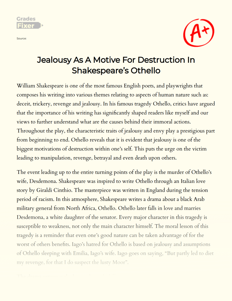 Jealousy as a Motive for Destruction in Shakespeare’s Othello Essay
