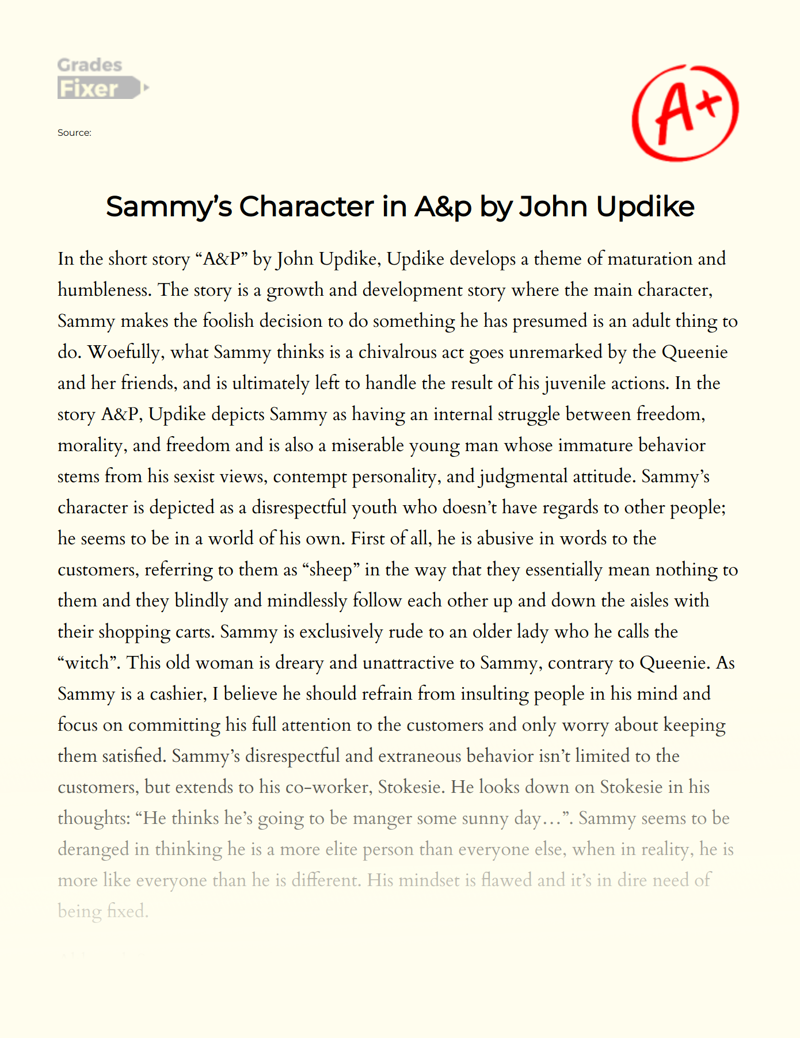 Sammy’s Character in A&P by John Updike Essay