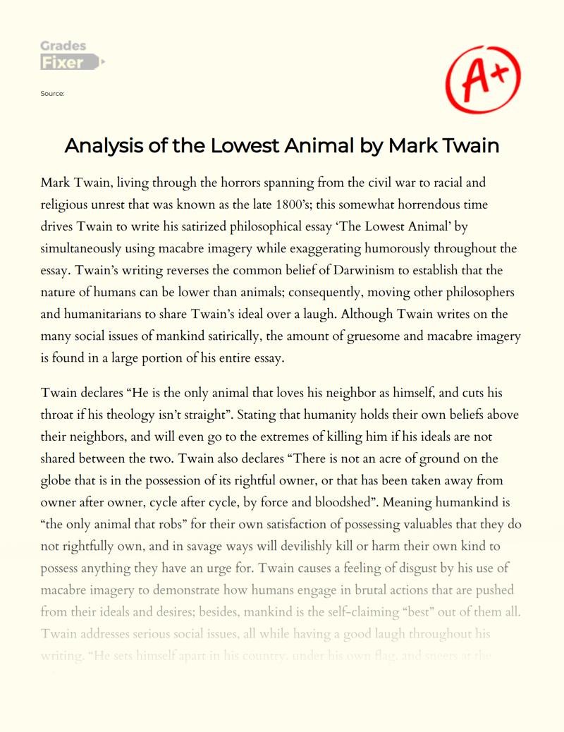 Analysis of The Lowest Animal by Mark Twain Essay