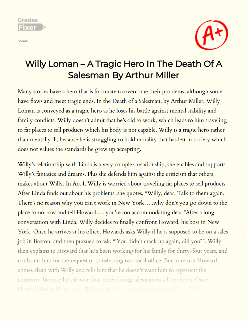 Willy Loman – a Tragic Hero in The Death of a Salesman by Arthur Miller Essay