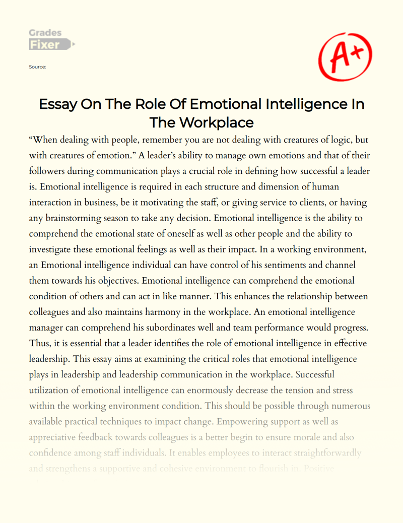 The Role of Emotional Intelligence in The Workplace Essay