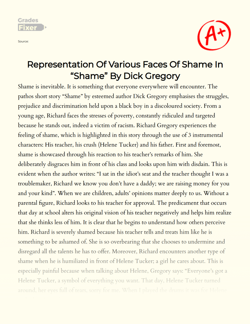 Representation of Various Faces of Shame in "Shame" by Dick Gregory Essay