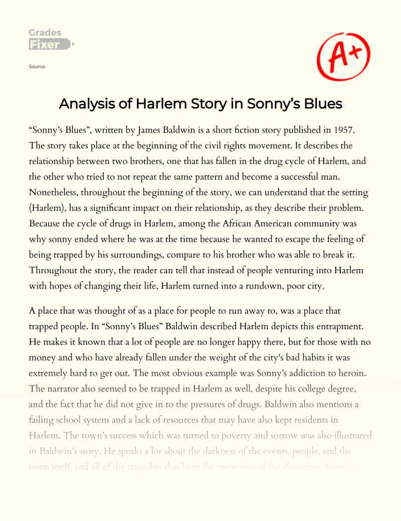Analysis of Harlem Story in Sonny’s Blues Essay