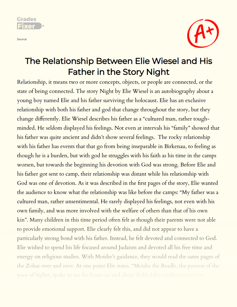 The Relationship Between Elie Wiesel and His Father in The Story Night Essay