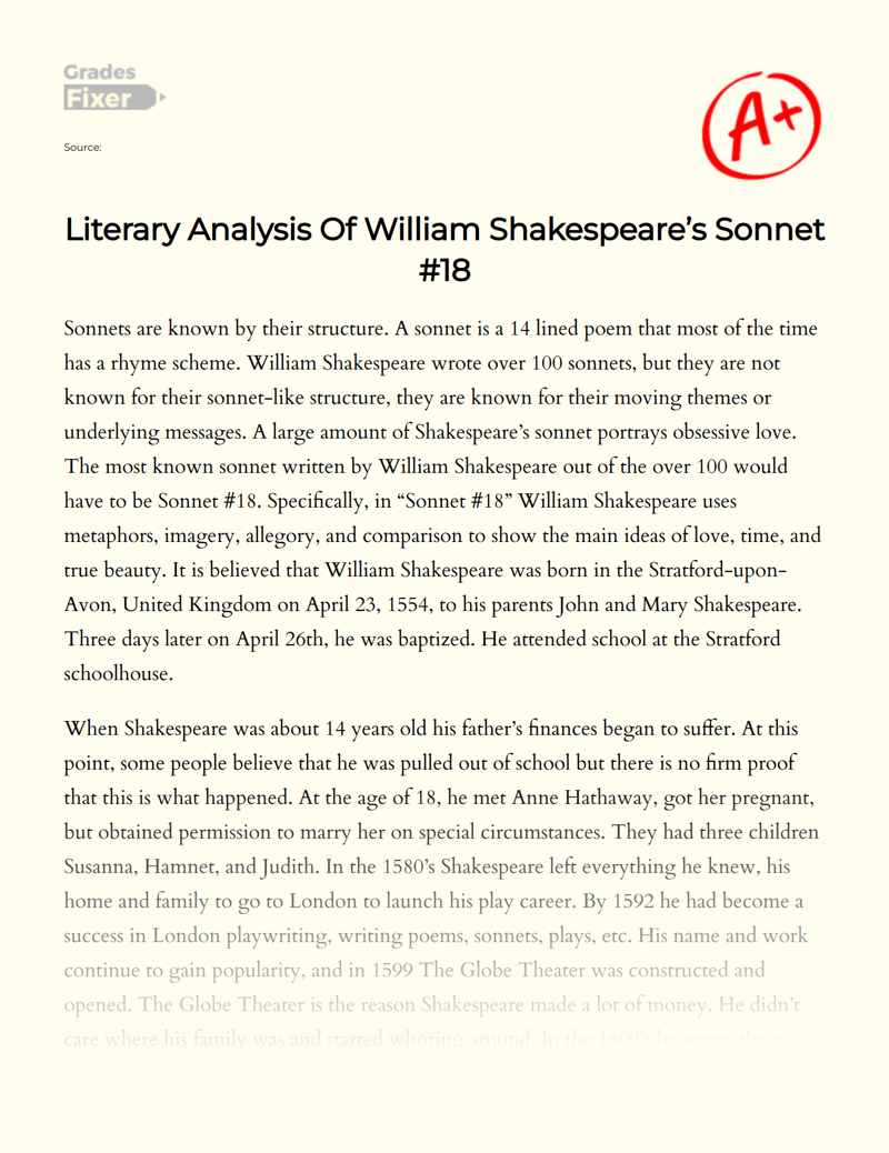Literary Analysis of William Shakespeare’s Sonnet #18 Essay
