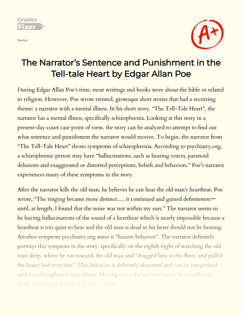 The Narrator’s Sentence and Punishment in The Tell-tale Heart by Edgar Allan Poe Essay
