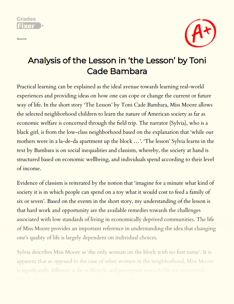 Analysis of The Lesson in ‘the Lesson’ by Toni Cade Bambara Essay