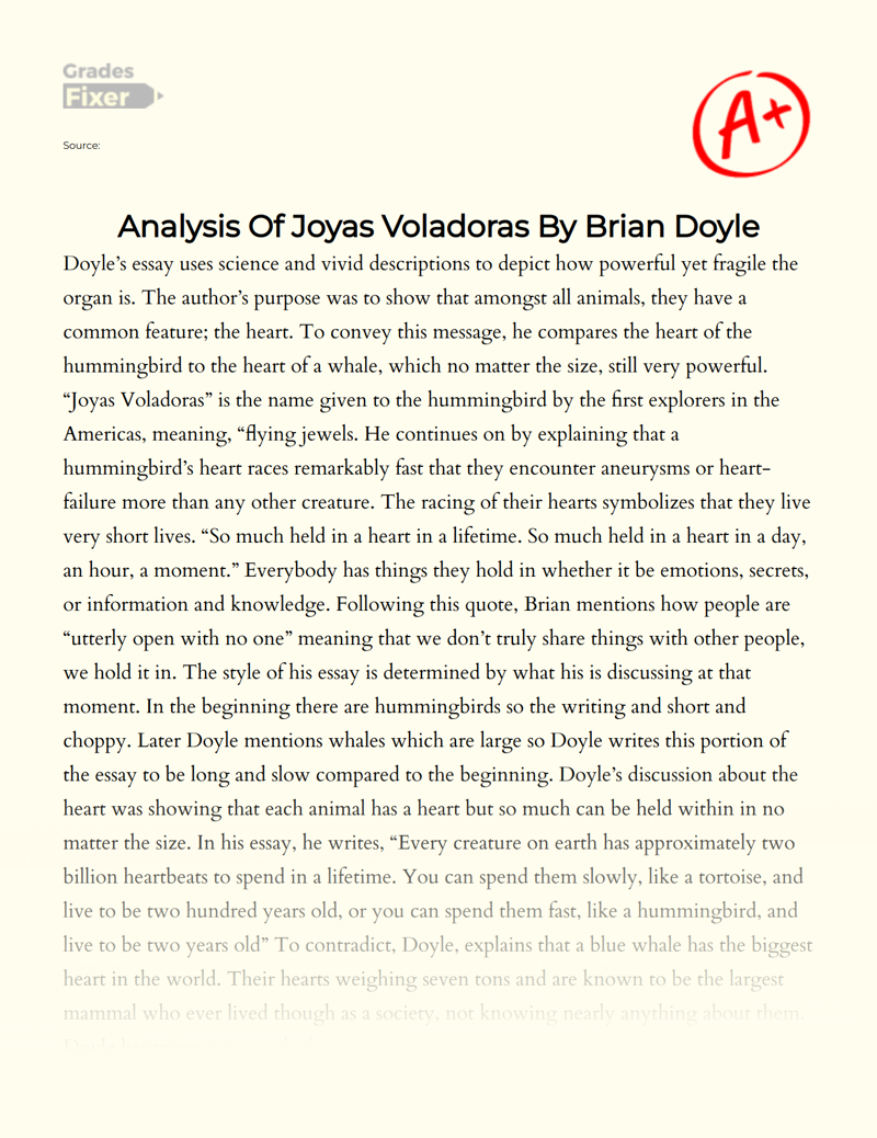Analysis of Joyas Voladoras by Brian Doyle Essay