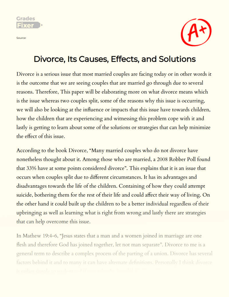 Divorce, Its Causes, Effects, and Solutions essay