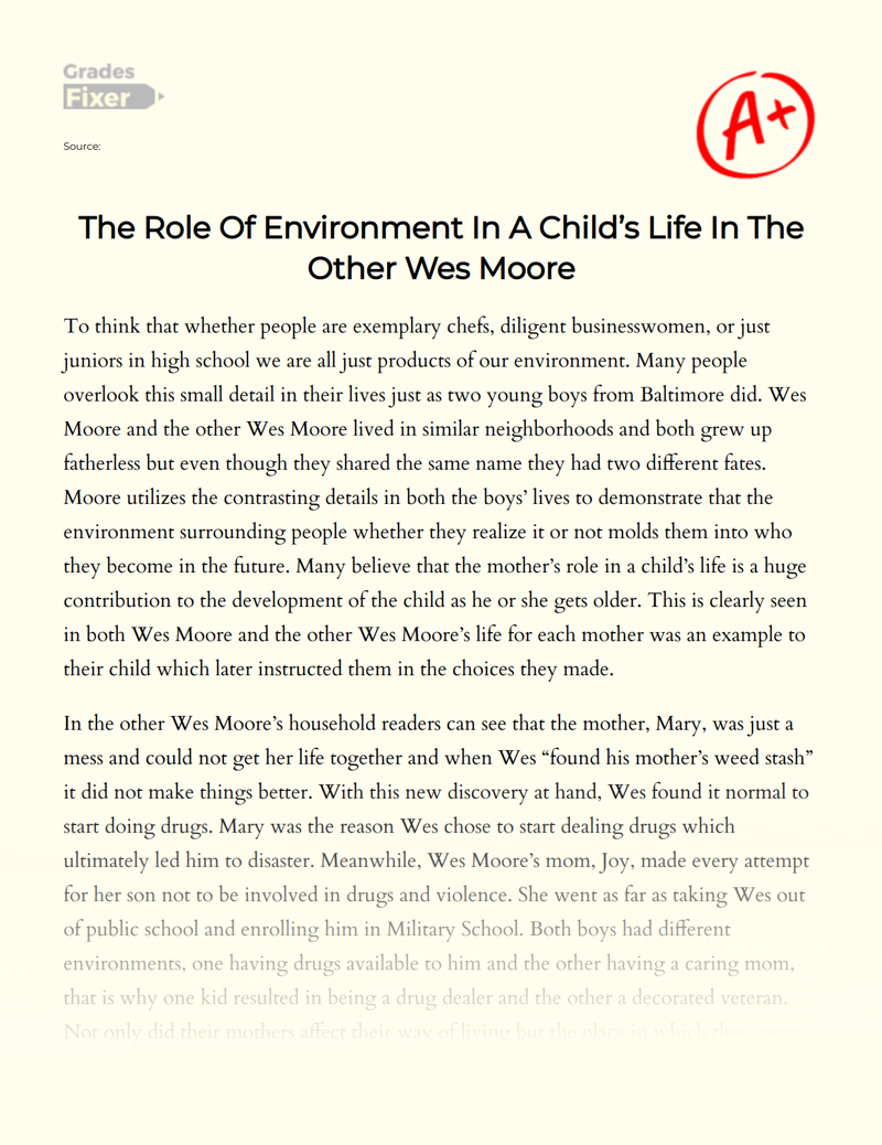 The Role of Environment in a Child’s Life in The Other Wes Moore Essay