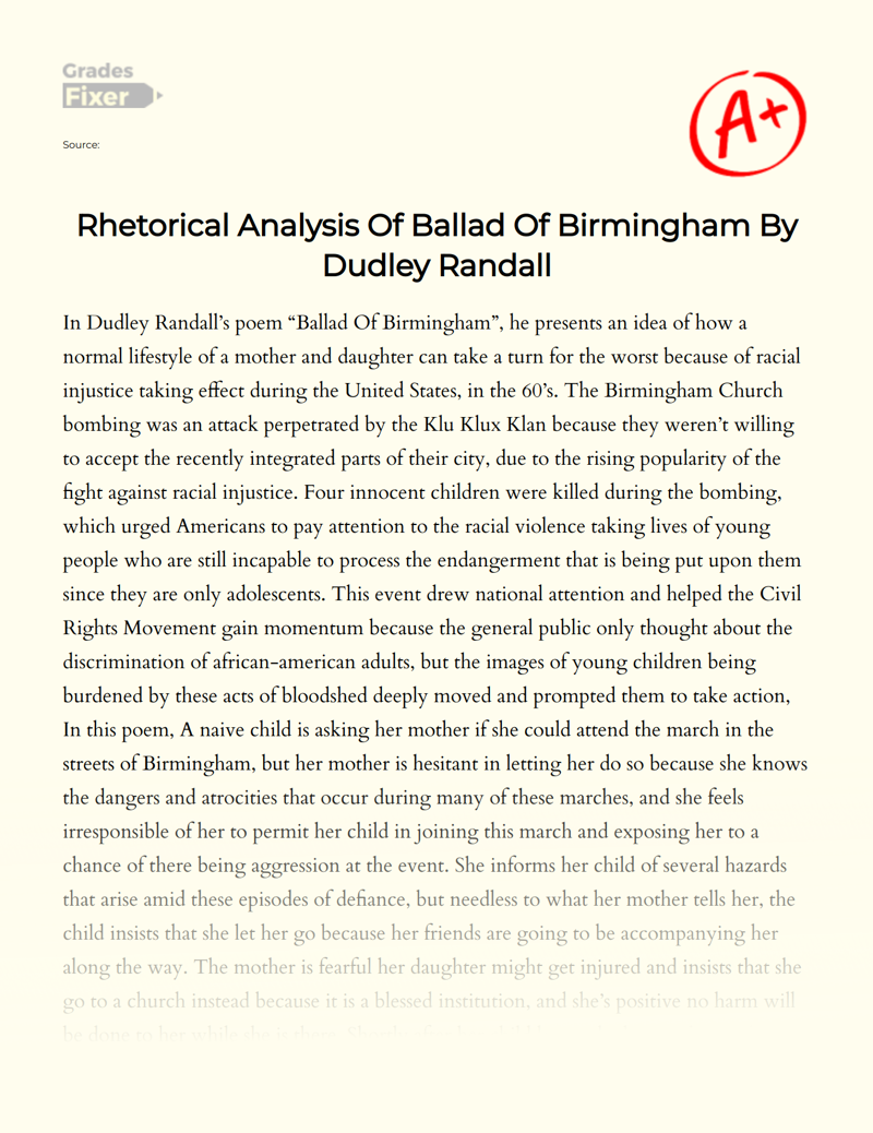 Rhetorical Analysis of Ballad of Birmingham by Dudley Randall Essay