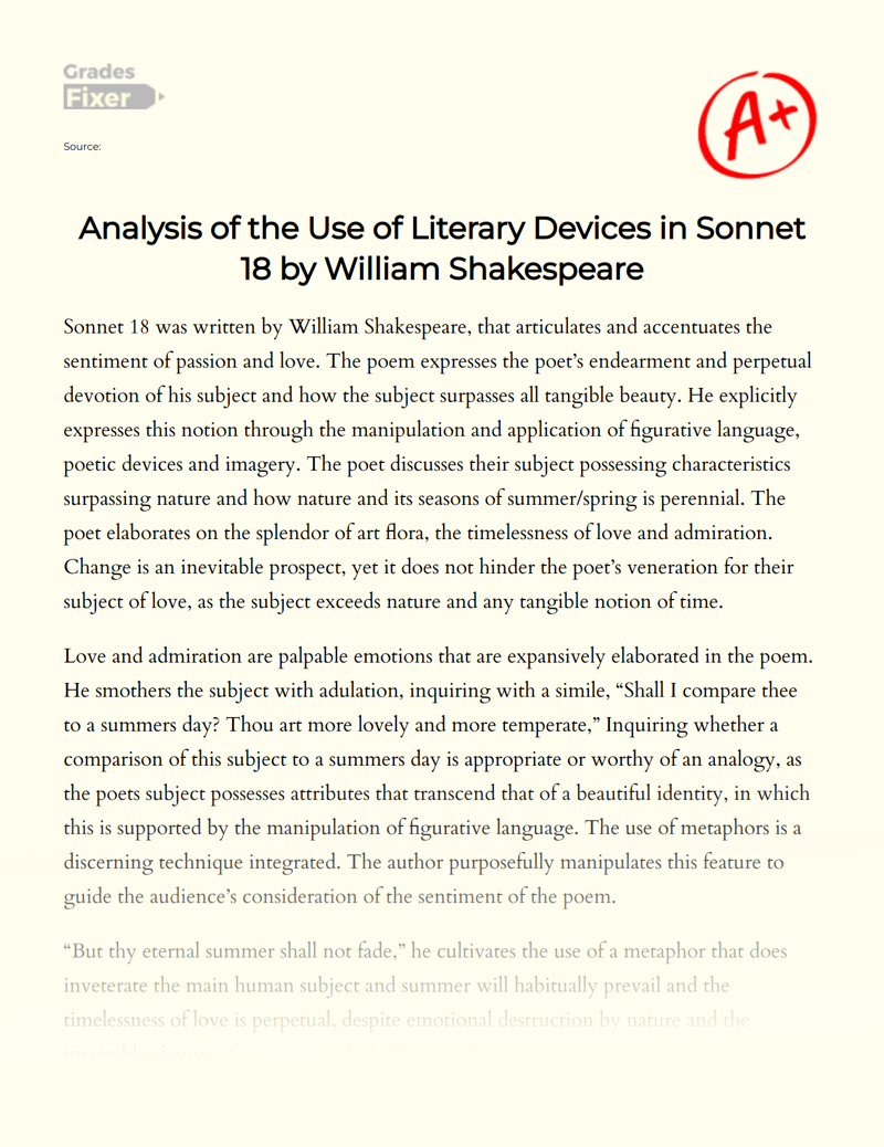 Analysis of The Use of Literary Devices in Sonnet 18 by William Shakespeare Essay