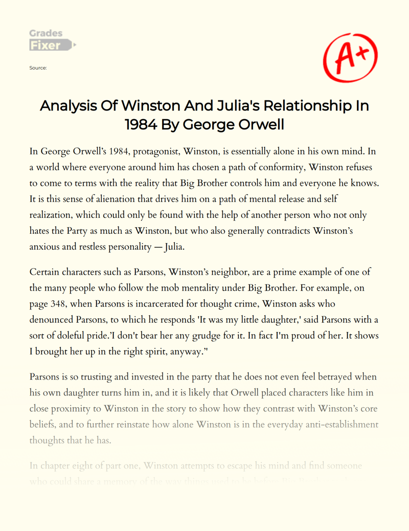 Analysis of Winston and Julia's Relationship in 1984 by George Orwell Essay