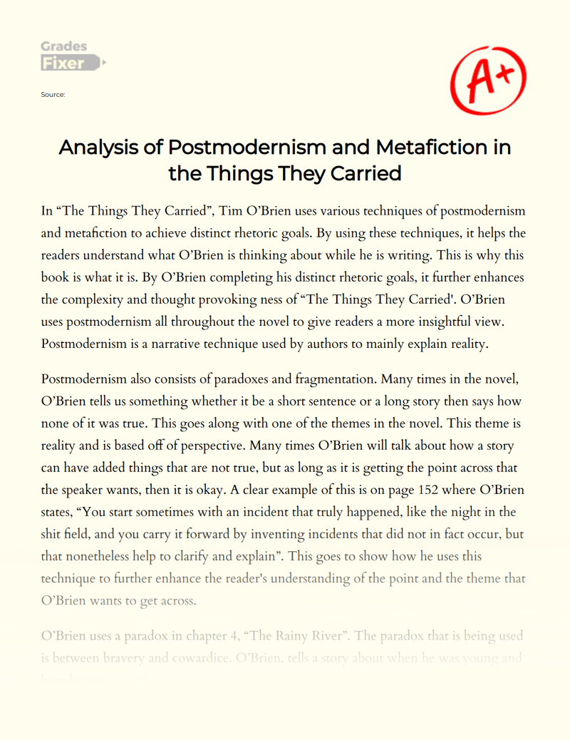 Analysis of Postmodernism and Metafiction in The Things They Carried Essay