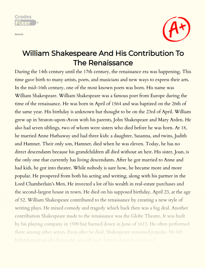 William Shakespeare and His Contribution to The Renaissance Essay