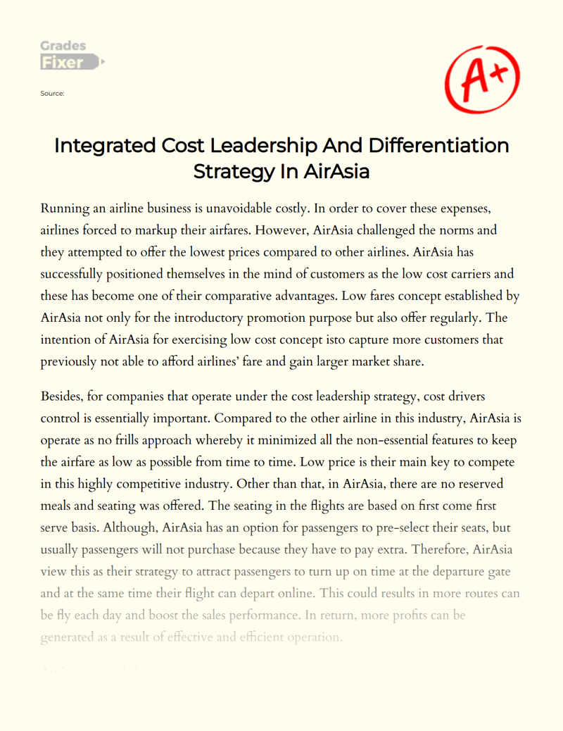 Integrated Cost Leadership and Differentiation Strategy in Airasia Essay