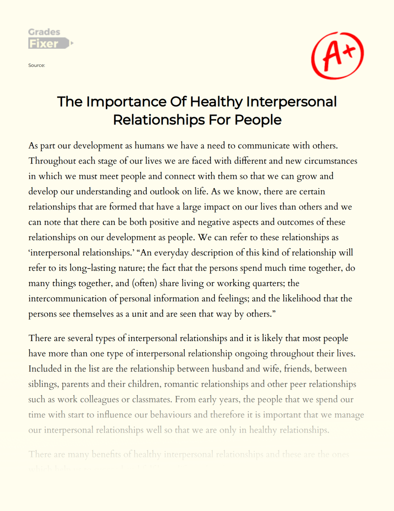 The Importance of Healthy Interpersonal Relationships for People Essay
