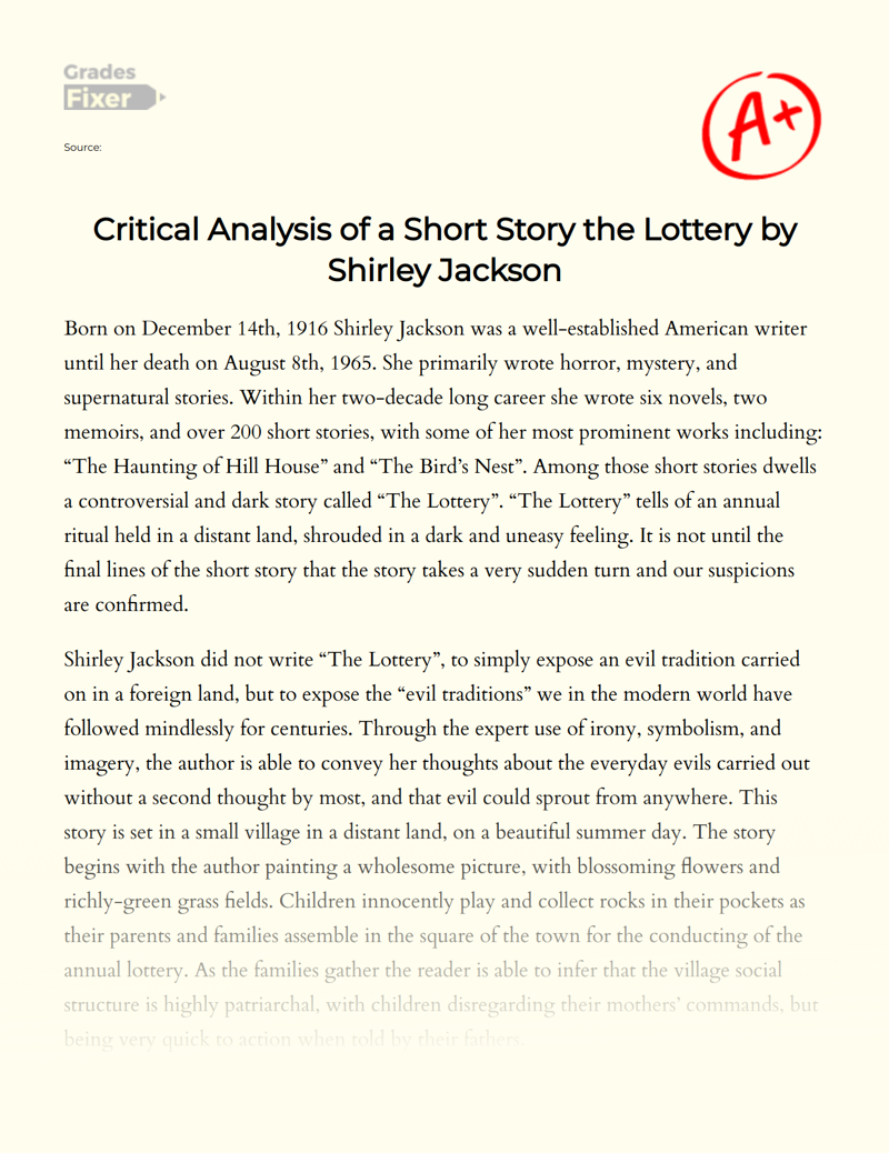 Critical Analysis of a Short Story The Lottery by Shirley Jackson Essay