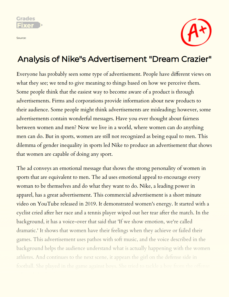 Analysis of Nike"s Advertisement "Dream Crazier" Essay