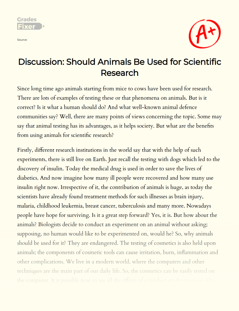 Discussion: Should Animals Be Used for Scientific Research Essay