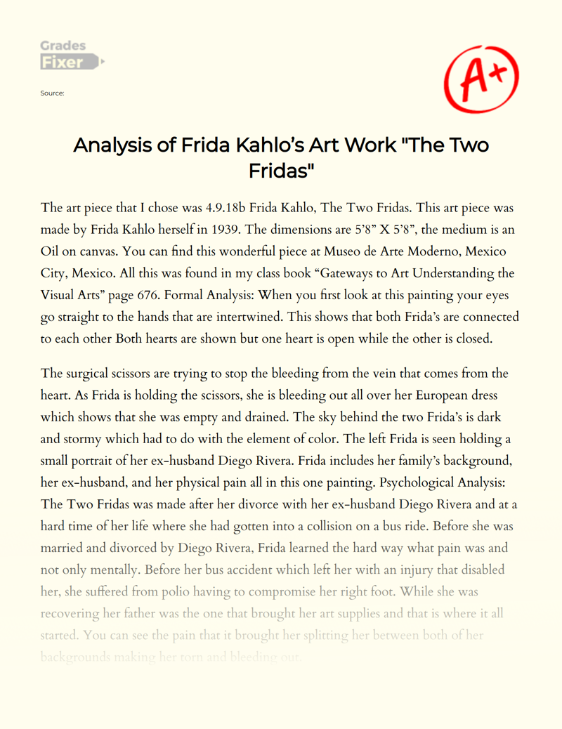 Analysis of Frida Kahlo’s Art Work "The Two Fridas" Essay