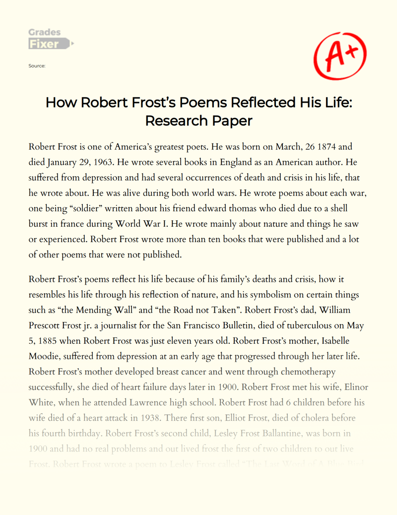 How Robert Frost’s Poems Reflected His Life: Research Paper Essay