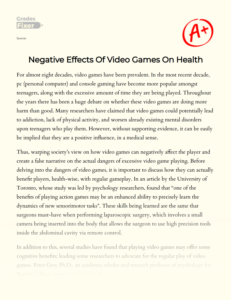 Negative Effects of Video Games on Health Essay