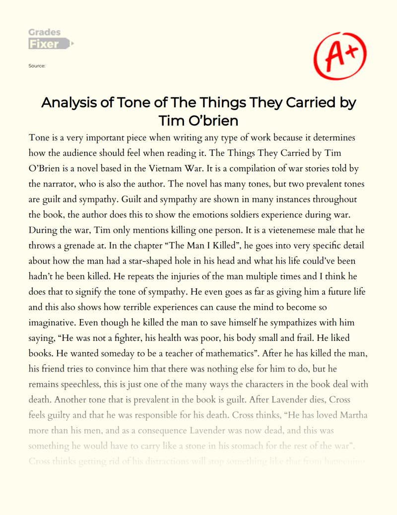 Analysis of Tone of The Things They Carried by Tim O’brien Essay