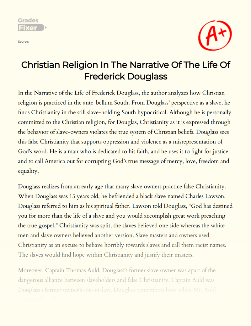 Christian Religion in The Narrative of The Life of Frederick Douglass essay