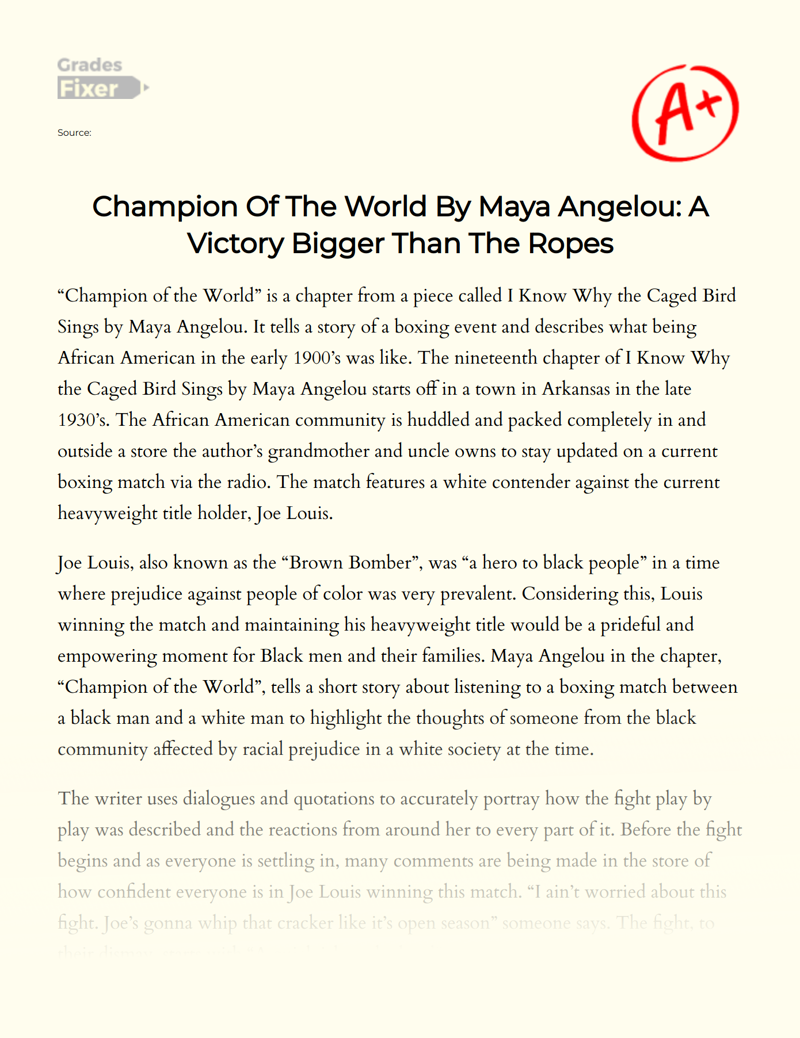 Champion of The World by Maya Angelou: a Victory Bigger than The Ropes Essay