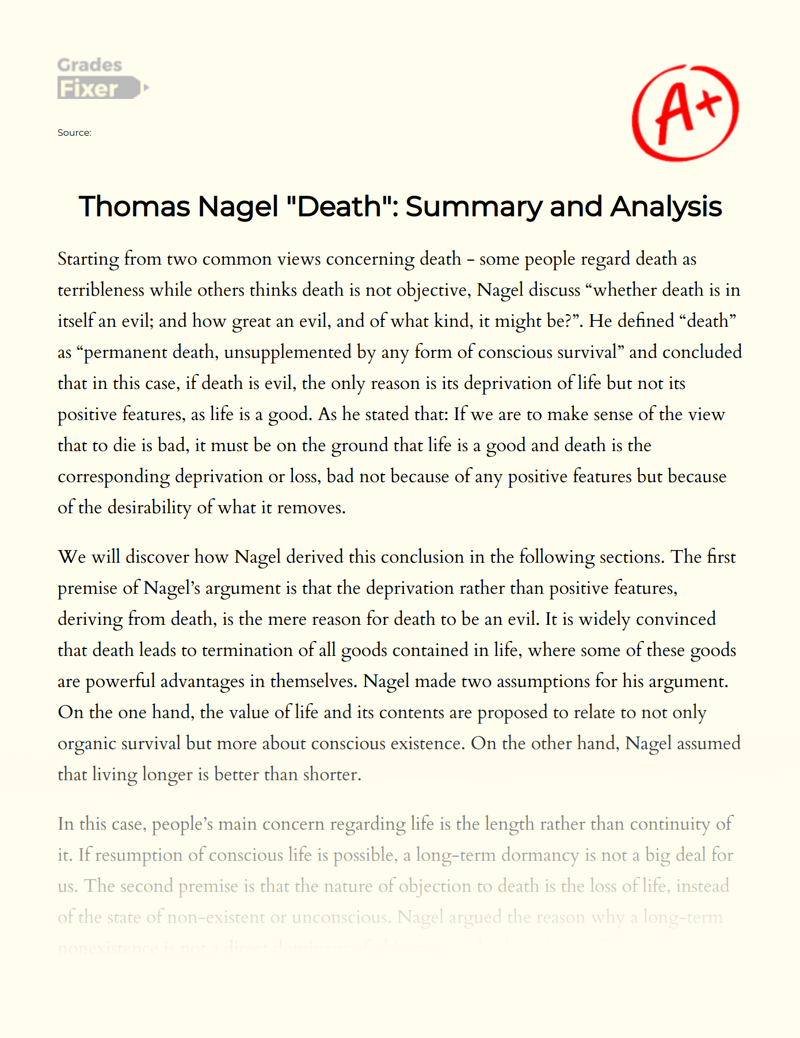 Thomas Nagel "Death": Summary and Analysis Essay