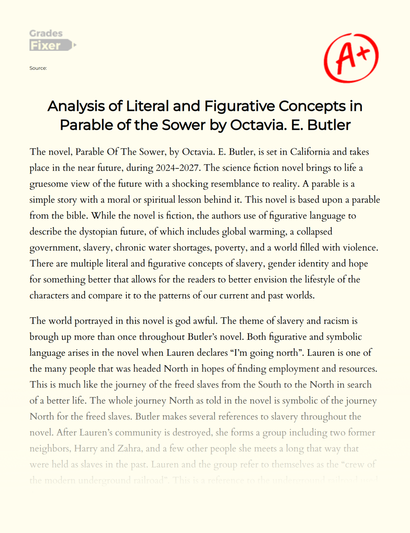 Analysis of Literal and Figurative Concepts in Parable of The Sower by Octavia. E. Butler Essay
