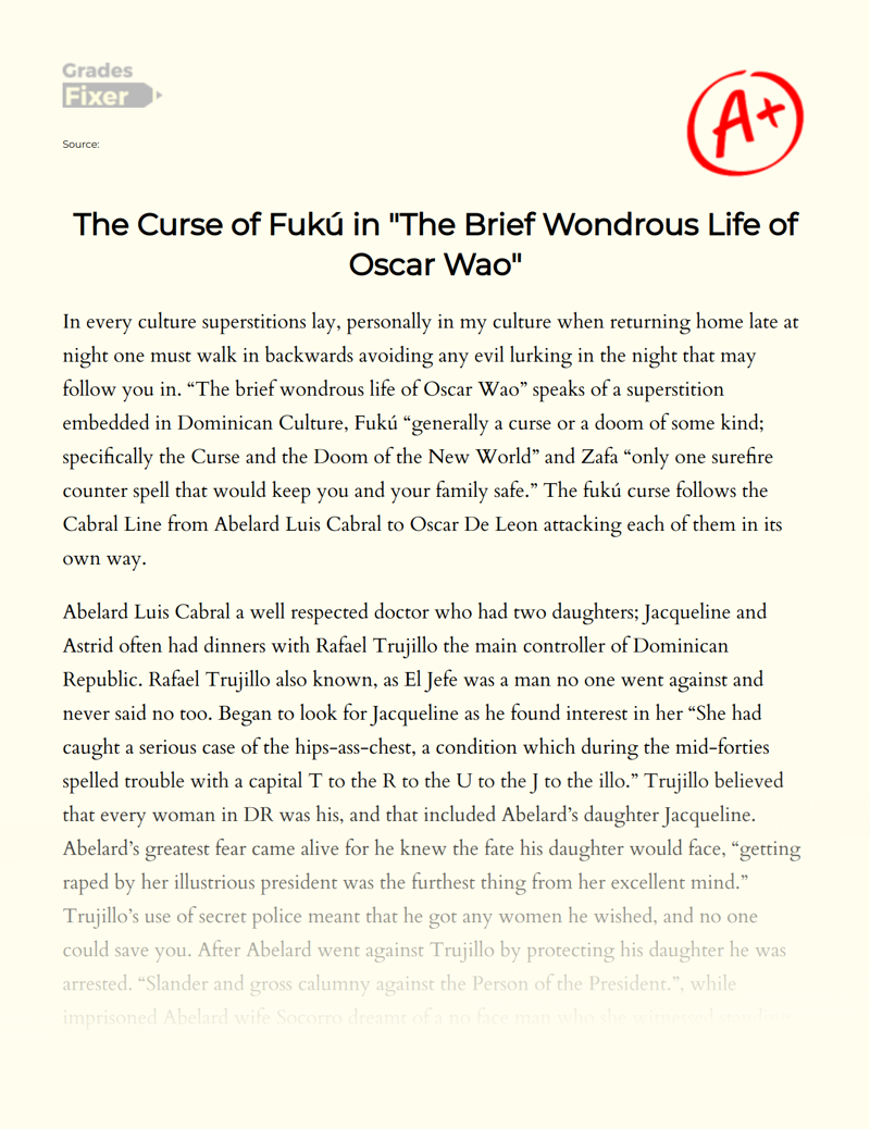 The Curse of Fukú in "The Brief Wondrous Life of Oscar Wao" Essay