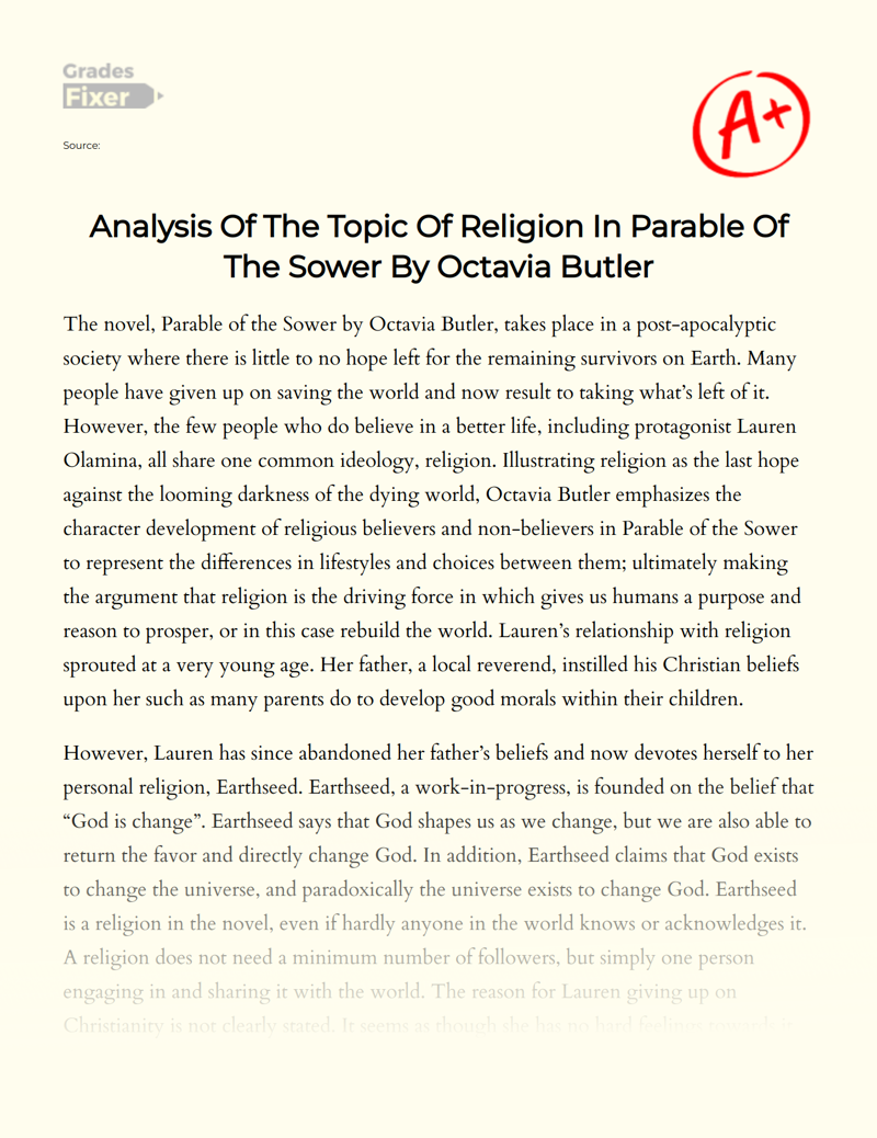 The Role of Religion in Parable of The Sower by Octavia Butler Essay