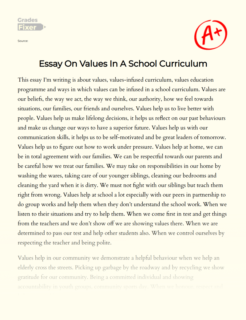 Values in a School Curriculum: Helpful Behavior Essay